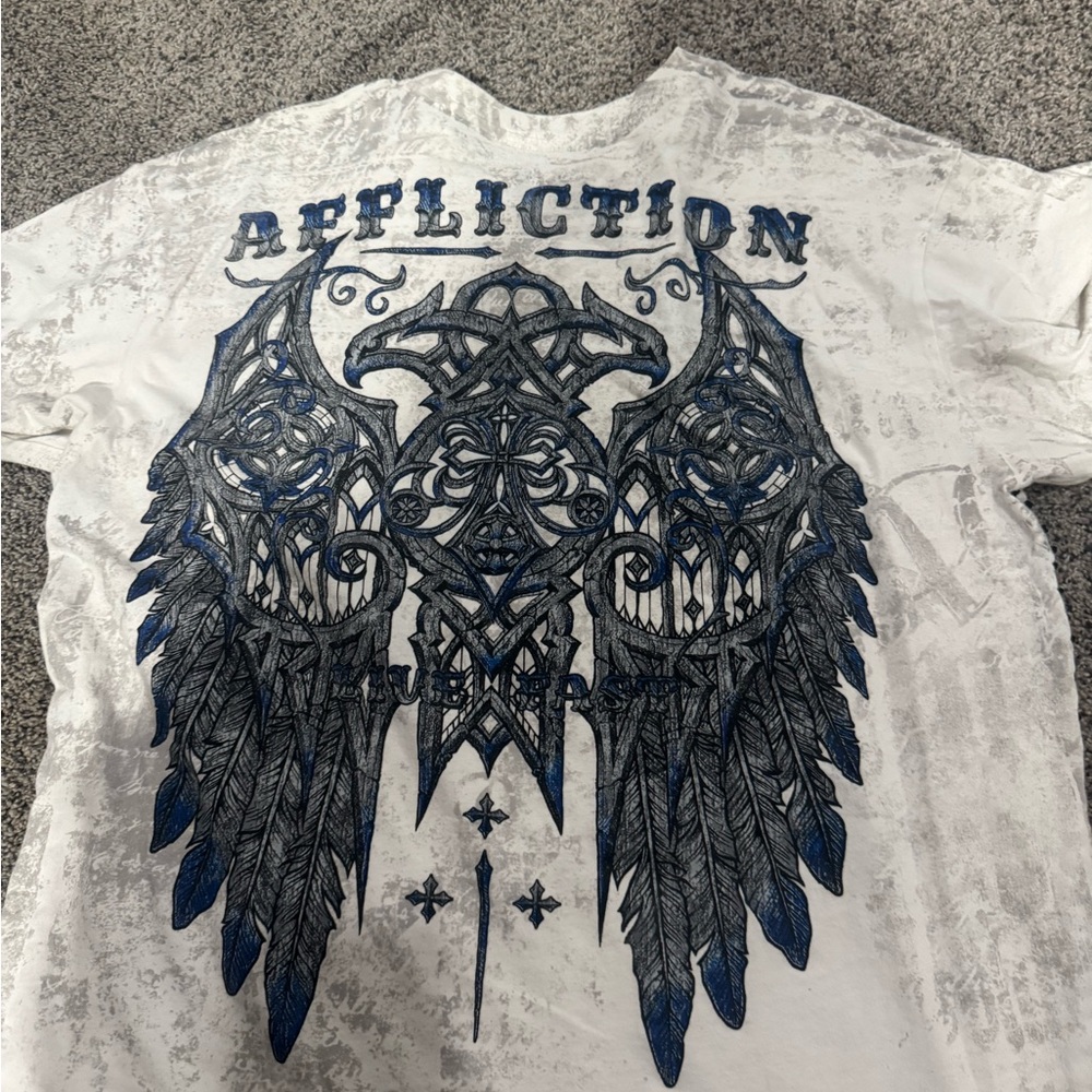 Affliction Men's White Tee with Blue Winged Design